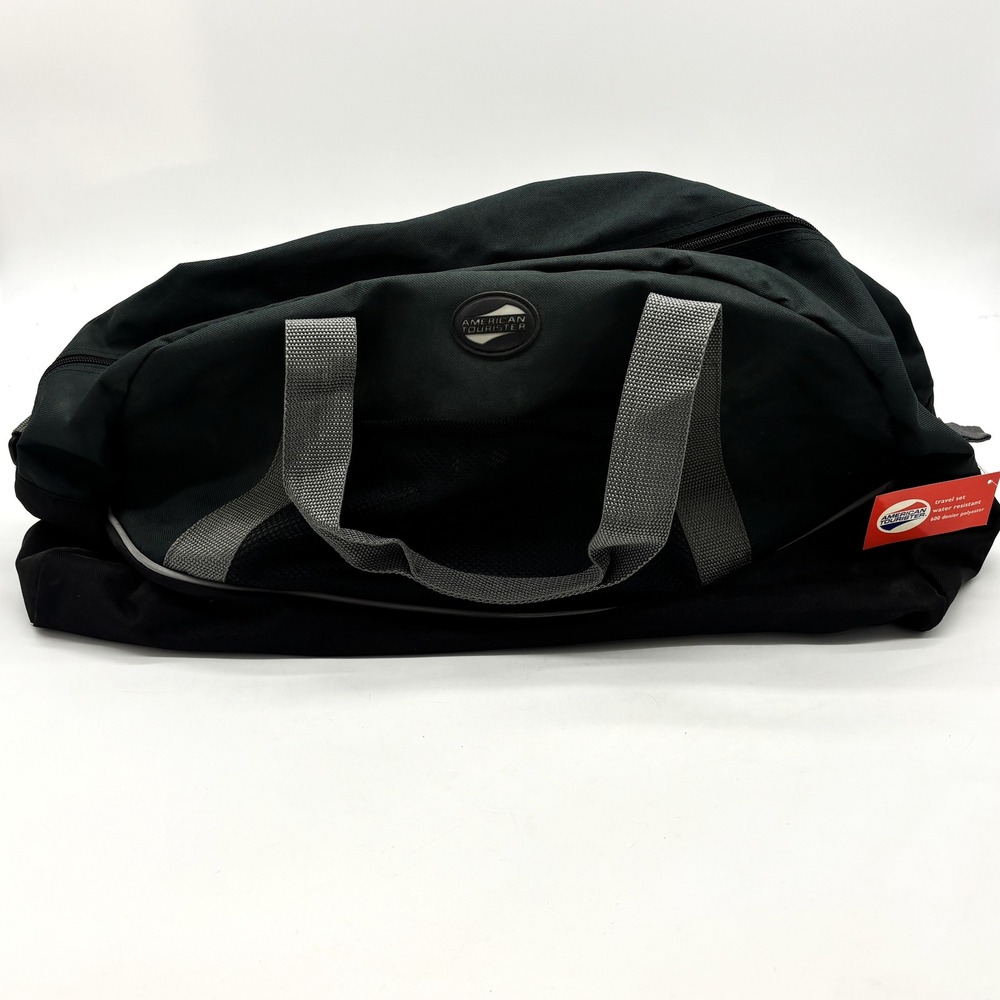 Vtg American Tourister Duffel Bag Unisex Large Black Grey NWT Water Resistant